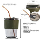 Copo De Vidro Com Canudo E Tampa Hermética 380ml Coldre Couro Moderno